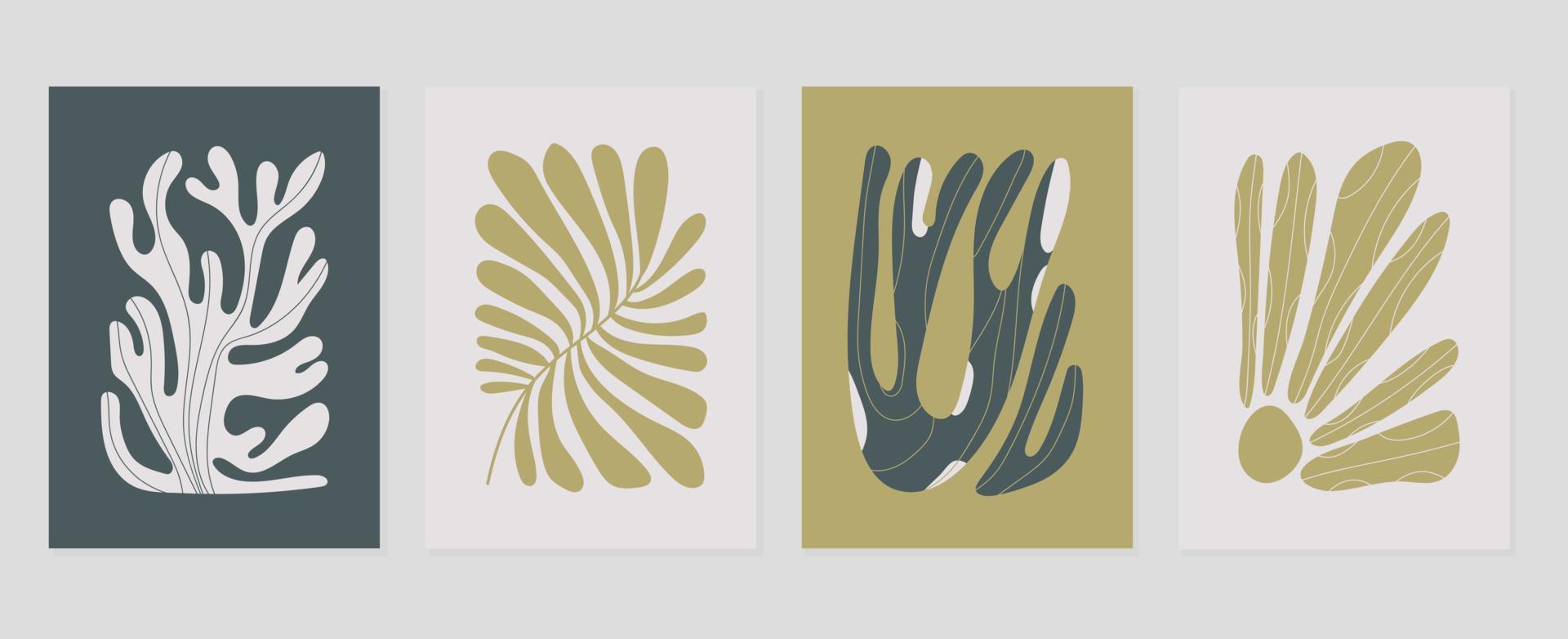 conjunto de resumen cubrir antecedentes inspirado por Matisse. plantas, hoja rama, coral, flor en mano dibujado estilo. contemporáneo estético ilustrado diseño para pared arte, decoración, imprimir, fondo de pantalla. vector