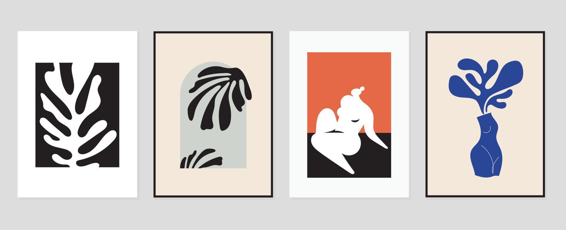 conjunto de resumen cubrir antecedentes inspirado por Matisse. desnudo hembra cuerpo, postura, coral, flor, florero. contemporáneo estético ilustrado diseño para pared arte, decoración, imprimir, fondo de pantalla. vector