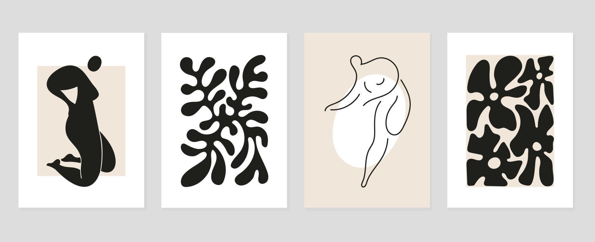 conjunto de resumen cubrir antecedentes inspirado por Matisse. desnudo hembra cuerpo, postura, coral, flor, monocromo. contemporáneo estético ilustrado diseño para pared arte, decoración, imprimir, fondo de pantalla. vector