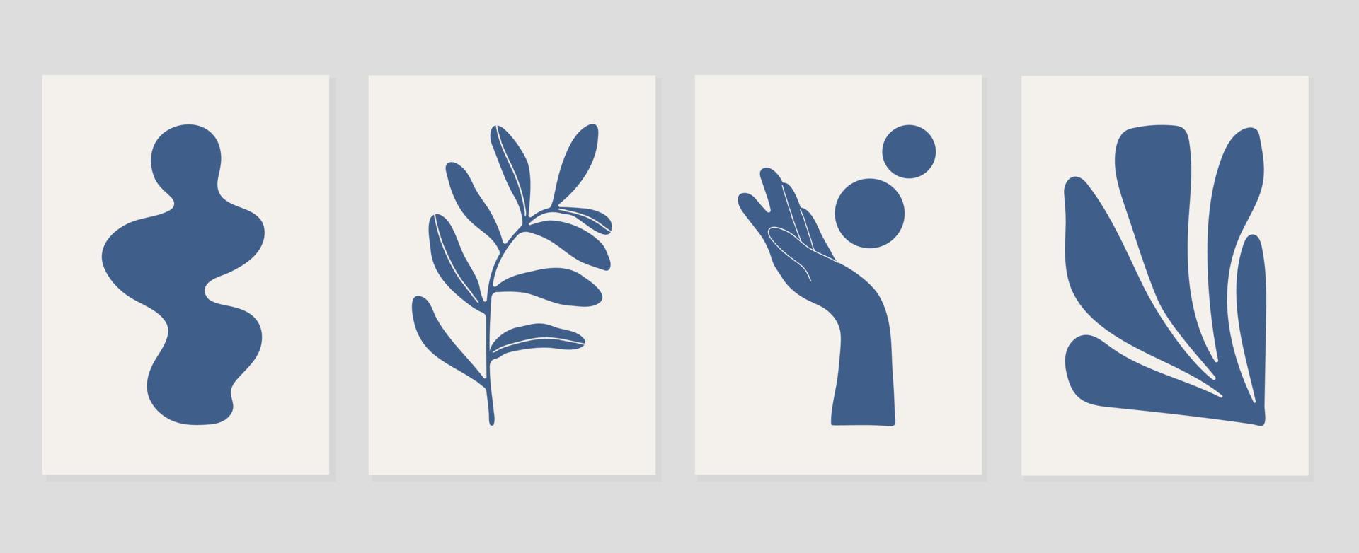 conjunto de resumen cubrir antecedentes inspirado por Matisse. plantas, hoja rama, mano, cuerpo, monocromo modelo. contemporáneo estético ilustrado diseño para pared arte, decoración, imprimir, fondo de pantalla. vector