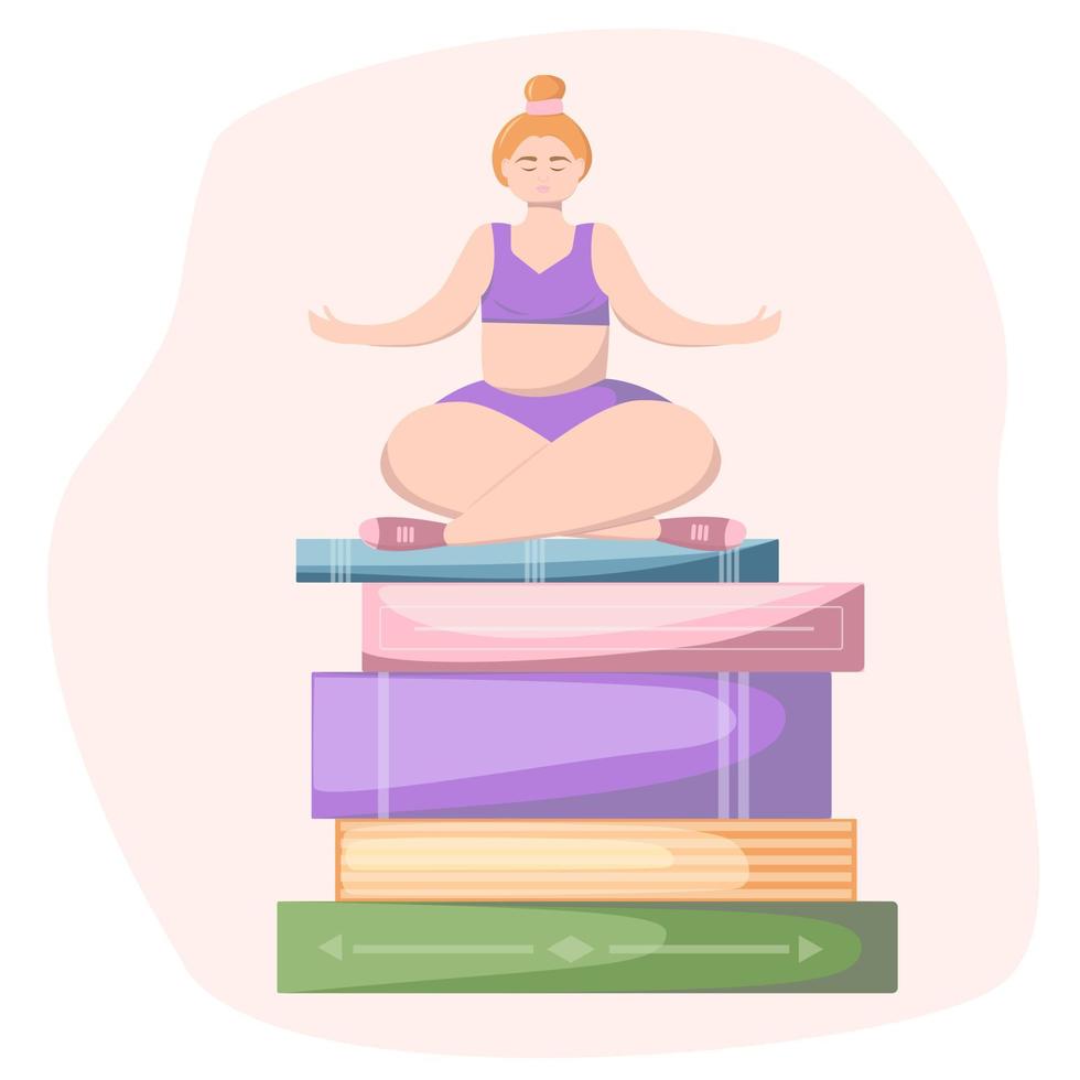 Illustration with  plus size girl doing yoga in lotus position siting on books. Meditation, relaxation, balance concept for banner, website design or landing web page. Vector illustration