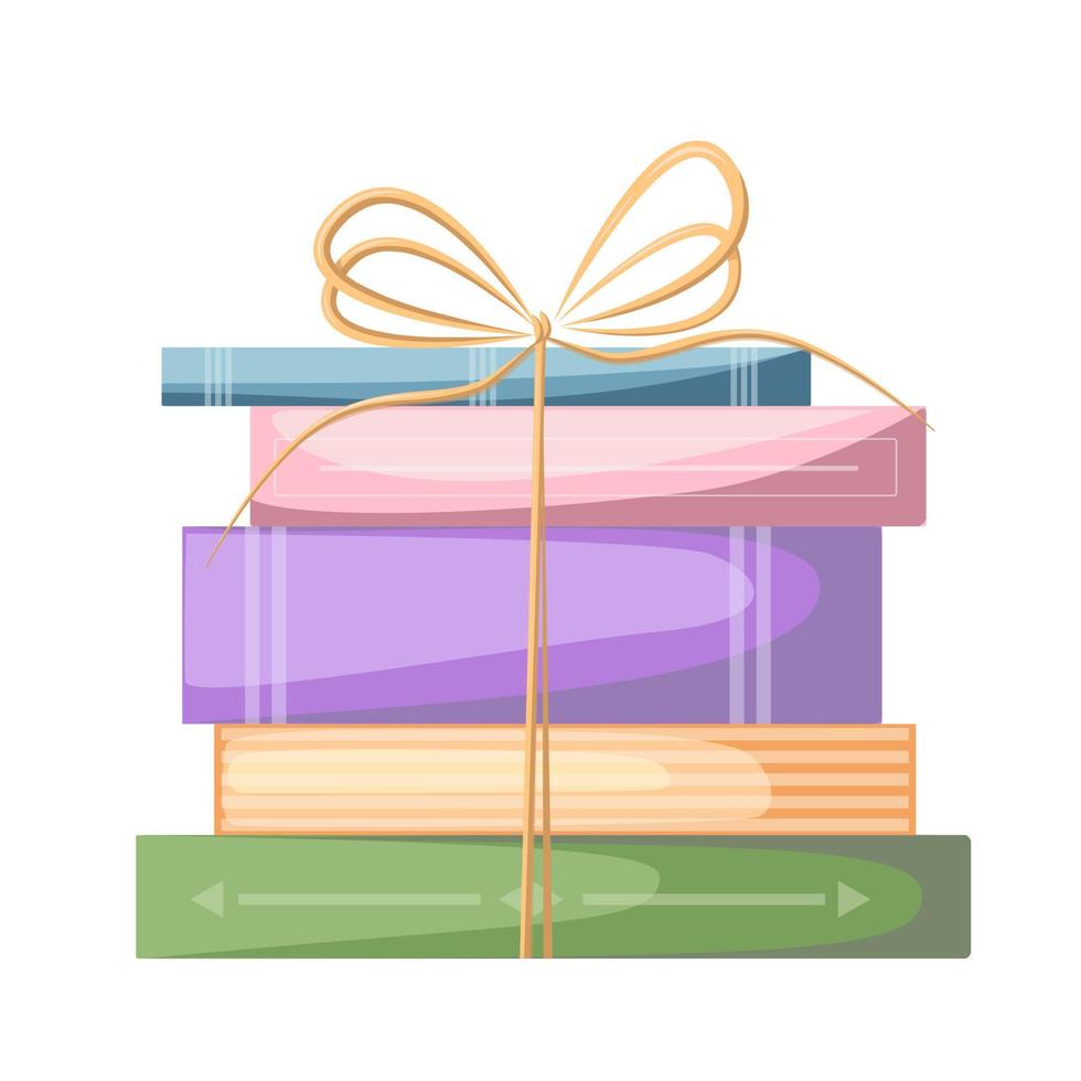 Horizontal stack of colored books tied with a bow. Concept of learning. Book fair, reading club, world book day concept. Vector illustration