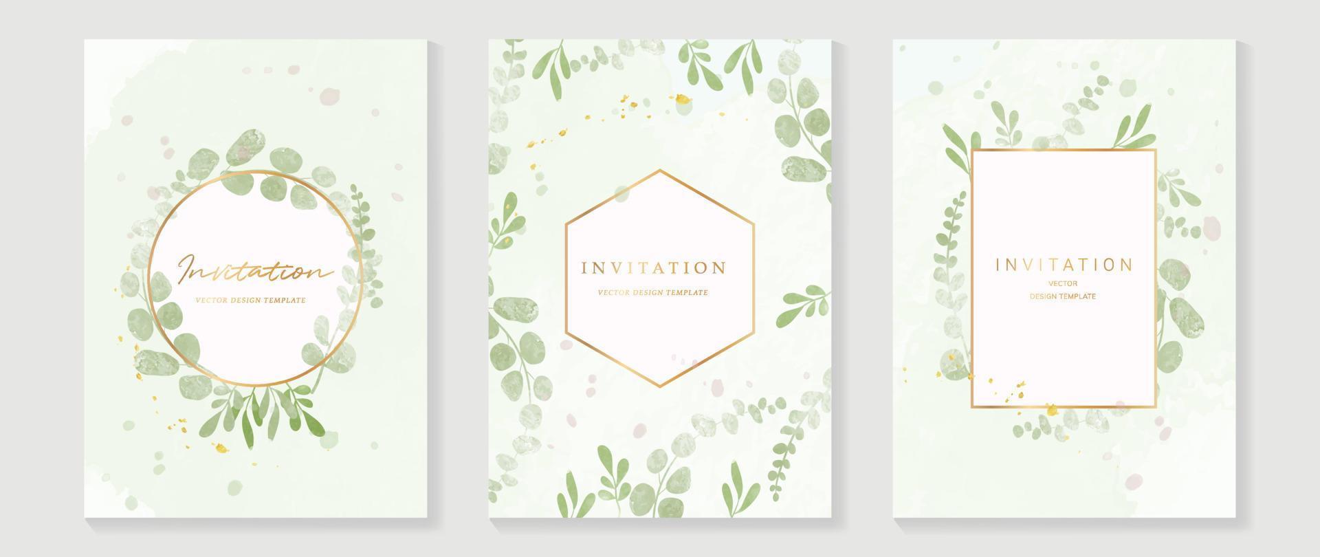 Luxury wedding invitation card background vector. Elegant watercolor texture in plant, leaf, gold border. Spring floral design illustration for wedding and vip cover template, banner, invite. vector