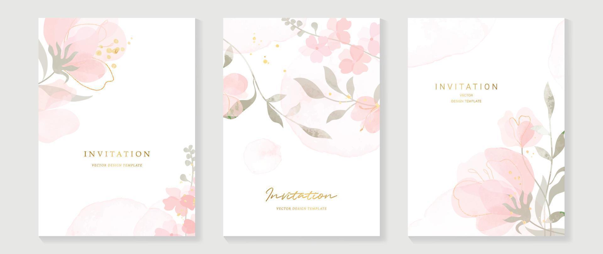 Luxury wedding invitation card background vector. Elegant watercolor texture in pink flower, leaf, gold line. Spring floral design illustration for wedding and vip cover template, banner, invite. vector
