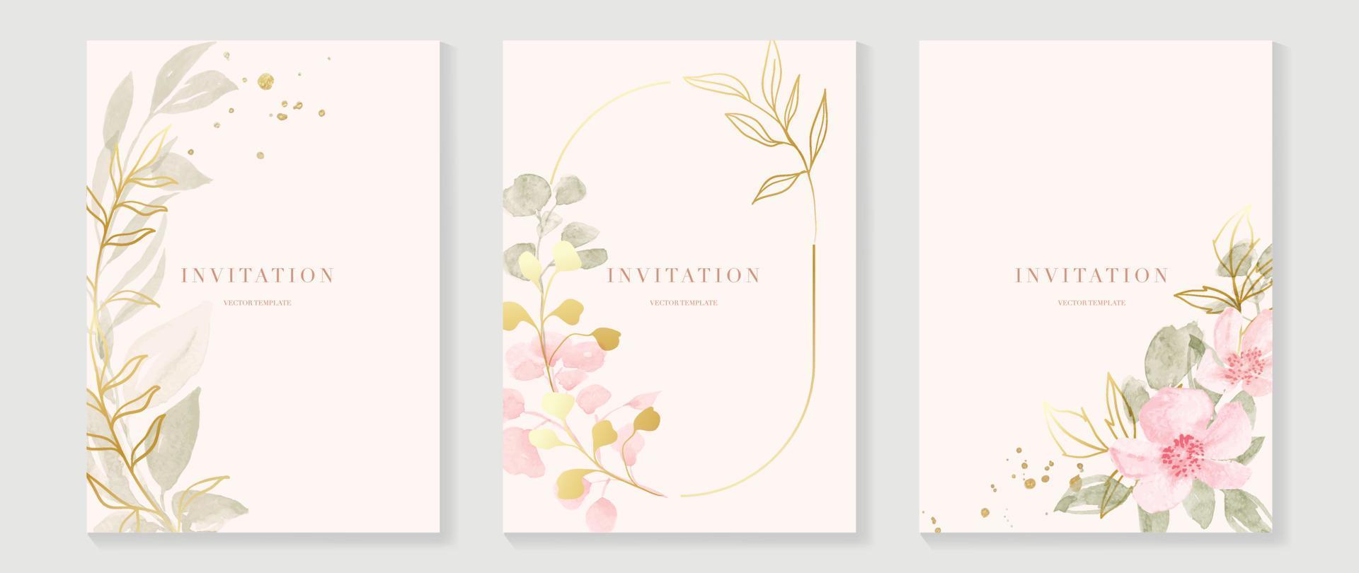 Luxury wedding invitation card background vector. Elegant watercolor texture in pink flower, gold line, gold border. Spring floral design illustration for wedding and cover template, banner, invite. vector