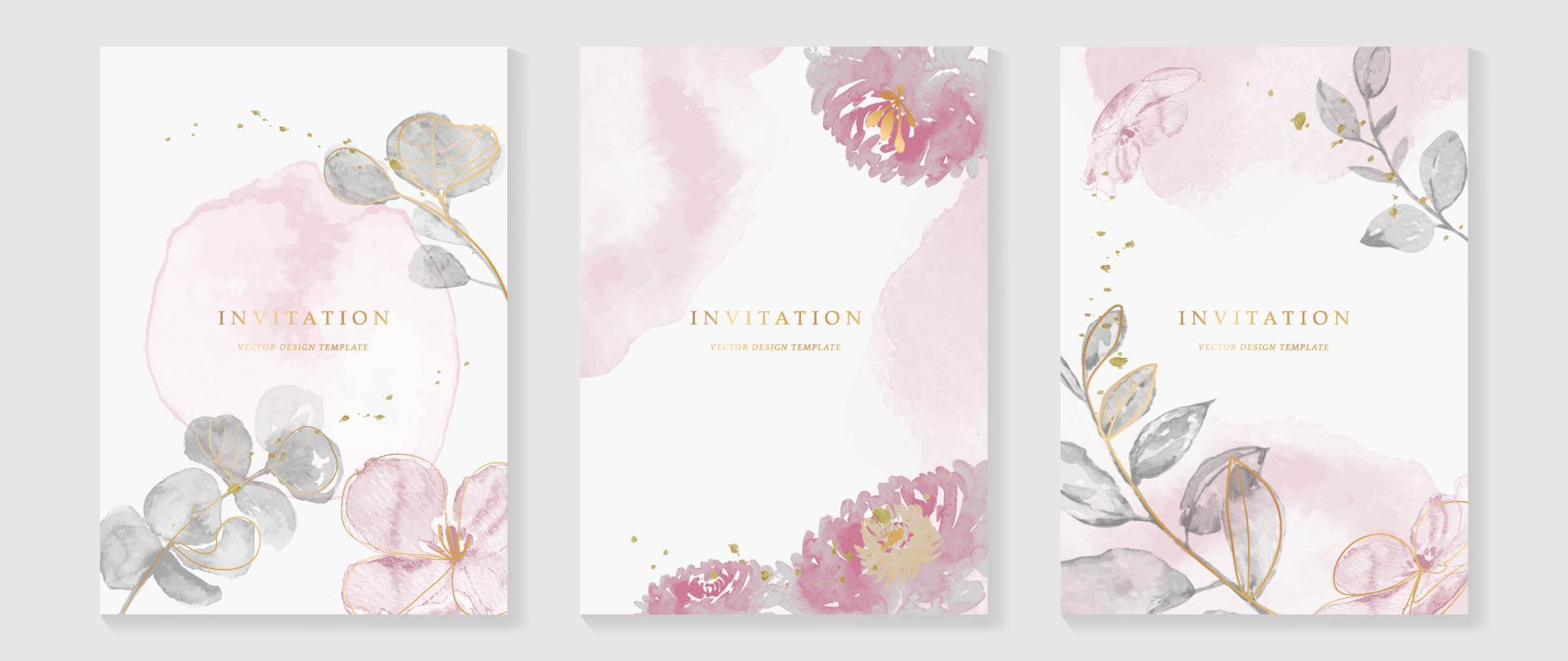 Luxury wedding invitation card background vector. Elegant watercolor texture in plant, pink flower, gold line. Spring floral design illustration for wedding and vip cover template, banner, invite. vector