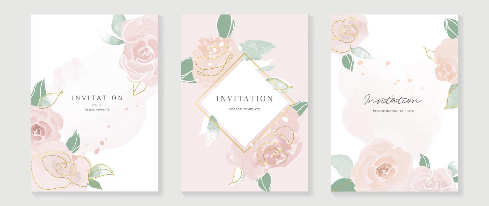 Luxury wedding invitation card background vector. Elegant watercolor texture in rose, gold line, gold border. Spring floral design illustration for wedding and vip cover template, banner, invite. vector