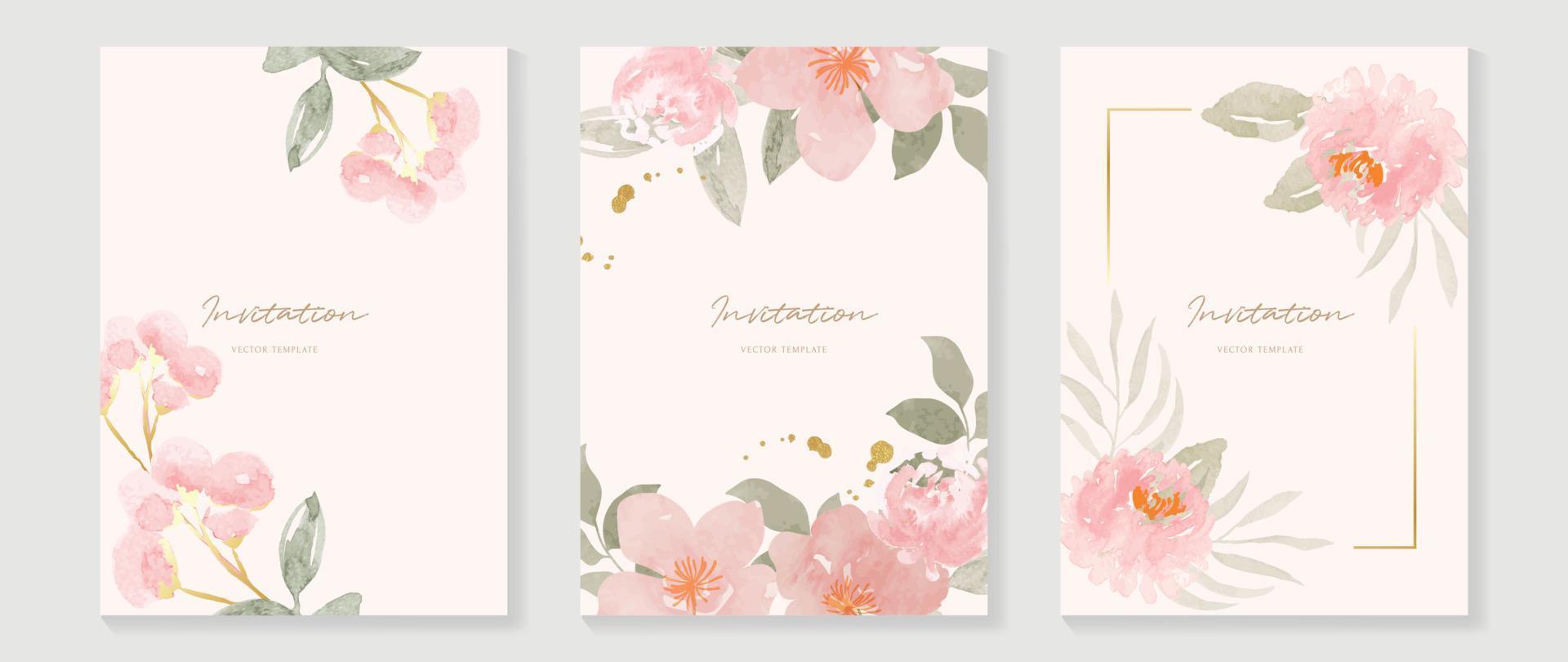 Luxury wedding invitation card background vector. Elegant watercolor texture in pink flower,gold sparkle, gold border. Spring floral design illustration for wedding and cover template, banner, invite. vector