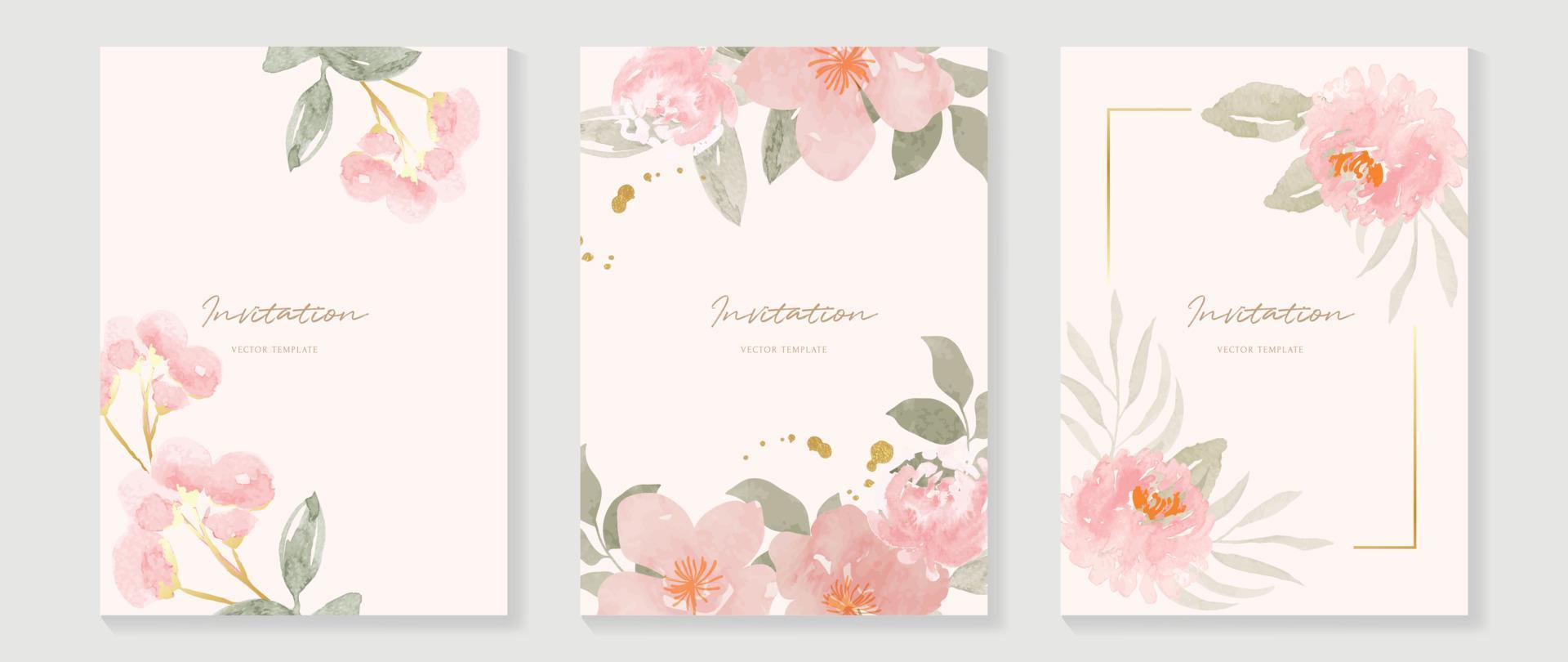 Luxury wedding invitation card background vector. Elegant watercolor texture in pink flower,gold sparkle, gold border. Spring floral design illustration for wedding and cover template, banner, invite. vector