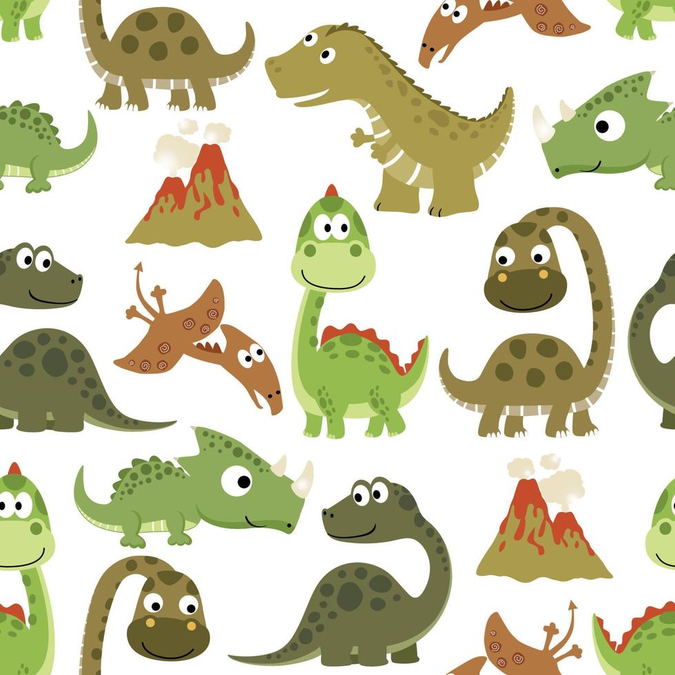 Seamless pattern vector of funny dinosaurs cartoon with volcano eruption