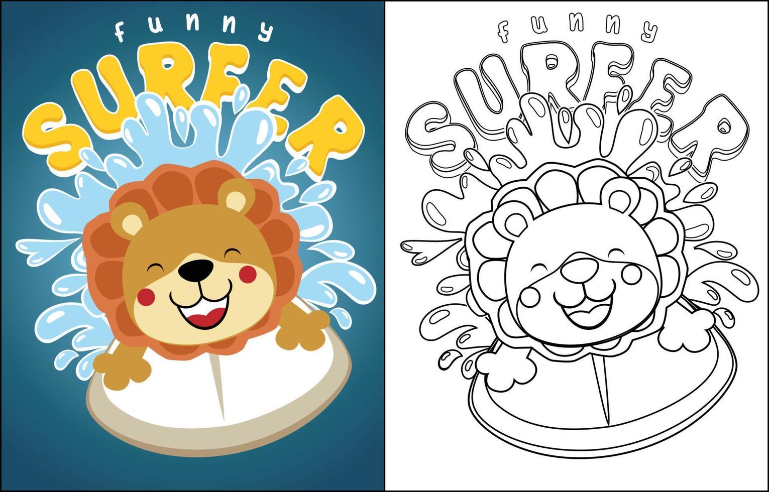 Vector cartoon of funny lion surfing on wave background, coloring book or page
