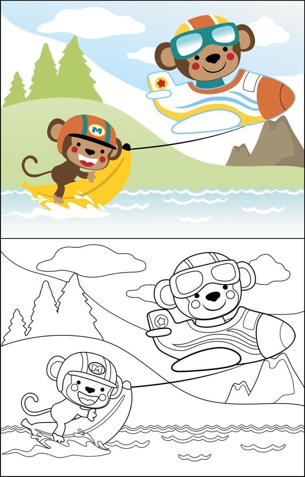 Vector cartoon of cute monkey on airplane pulling it friend on banana boat in sea, coloring book or page