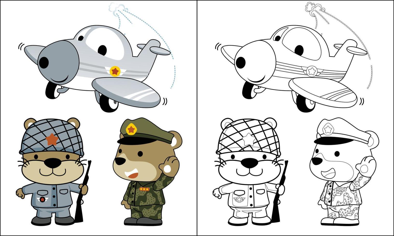 colorante libro o página de gracioso animales dibujos animados en soldado uniforme con gracioso avión vector