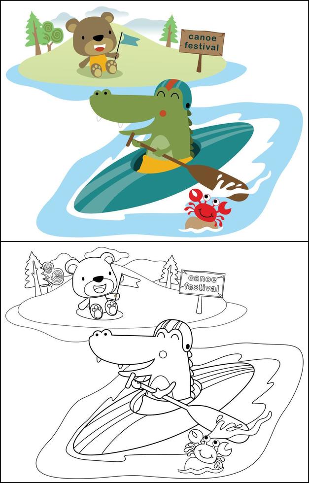 Vector cartoon of funny crocodile on canoe in river, crab on stone, bear sitting on riverside, coloring book or page