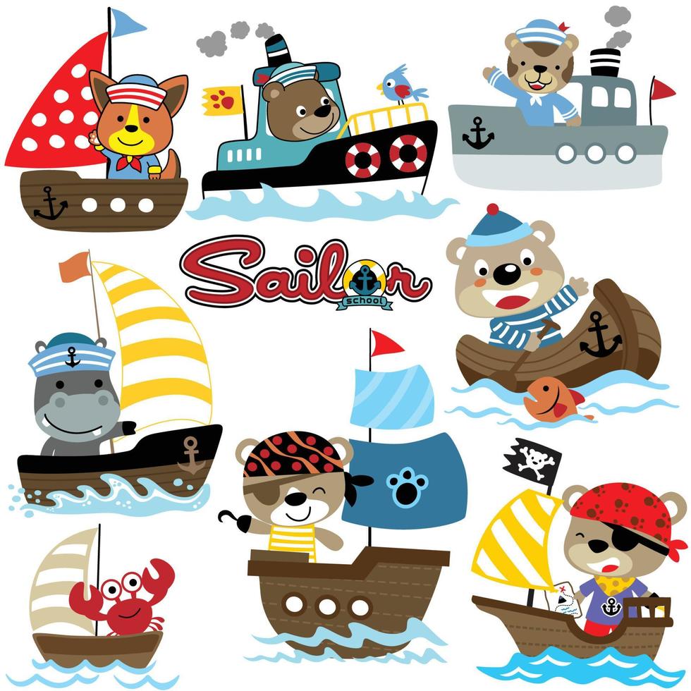 Vector set of funny animals sailor on boat