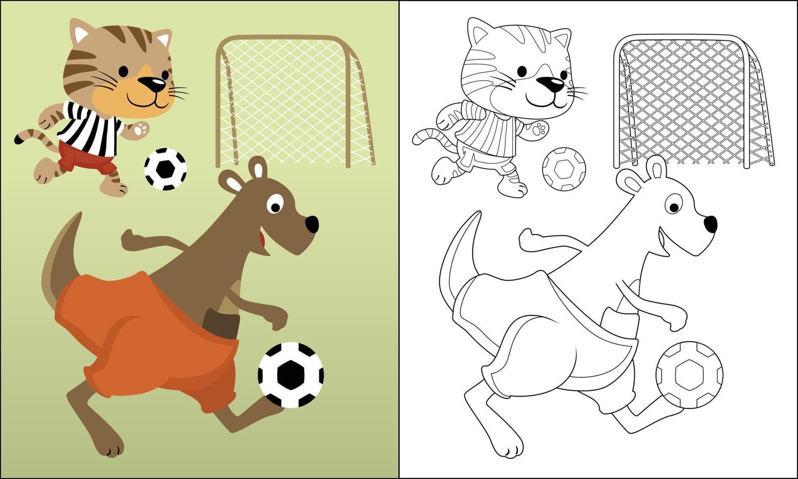 Coloring book of funny cat with kangaroo playing soccer, vector cartoon illustration