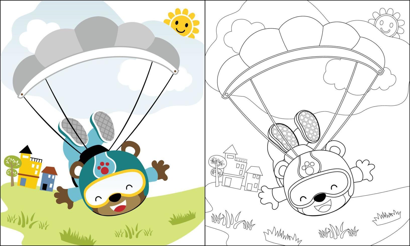 Coloring book of cartoon skydiving cute bear on blue sky background vector
