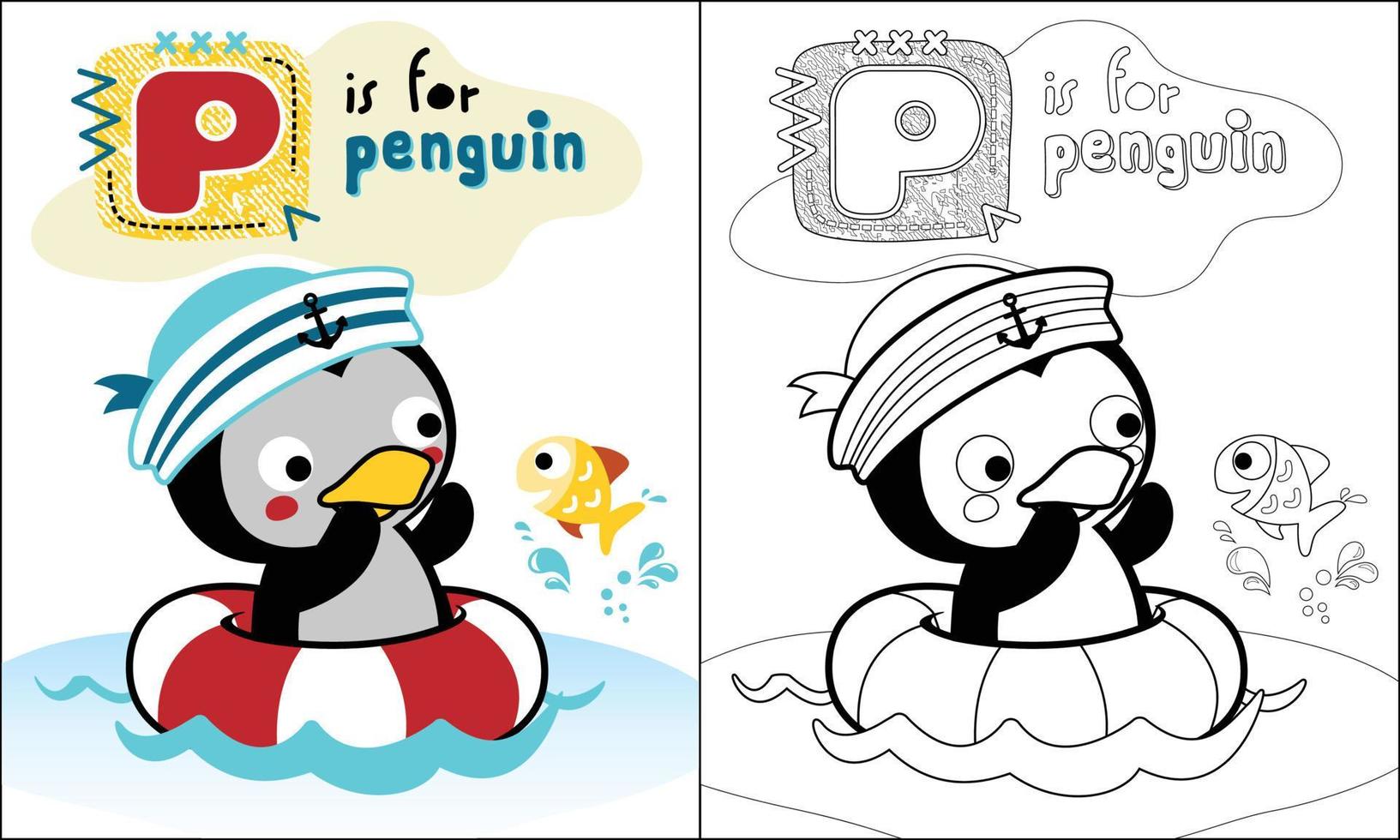 colorante libro o página de pingüino dibujos animados en marinero gorra en boya salvavidas con pequeño pescado vector