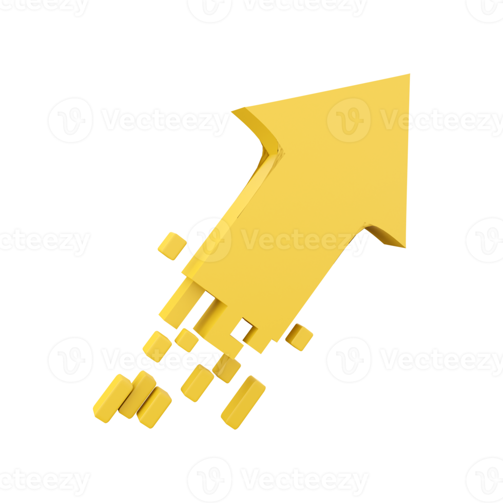 3d interpretazione d'oro freccia sorge su icona. 3d rendere giallo freccia crescere su icona. d'oro freccia sorge su. png