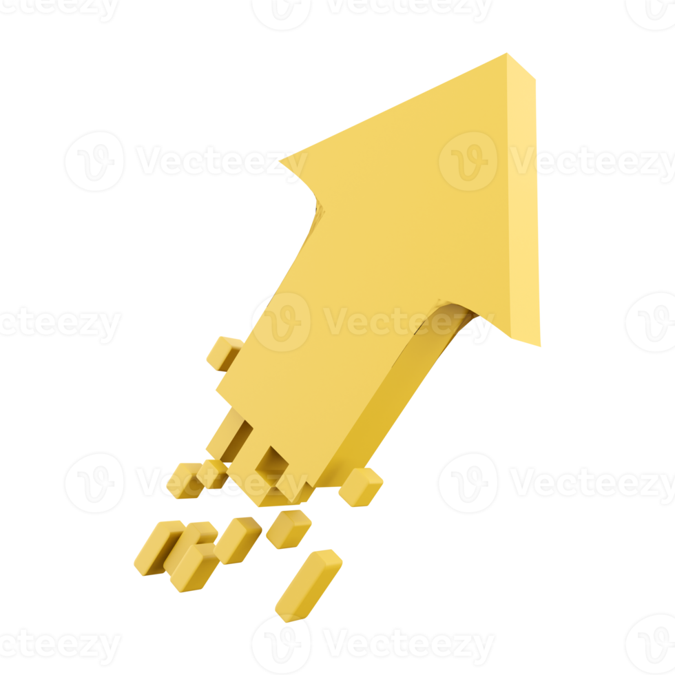 3d interpretazione d'oro freccia sorge su icona. 3d rendere giallo freccia crescere su icona. d'oro freccia sorge su. png