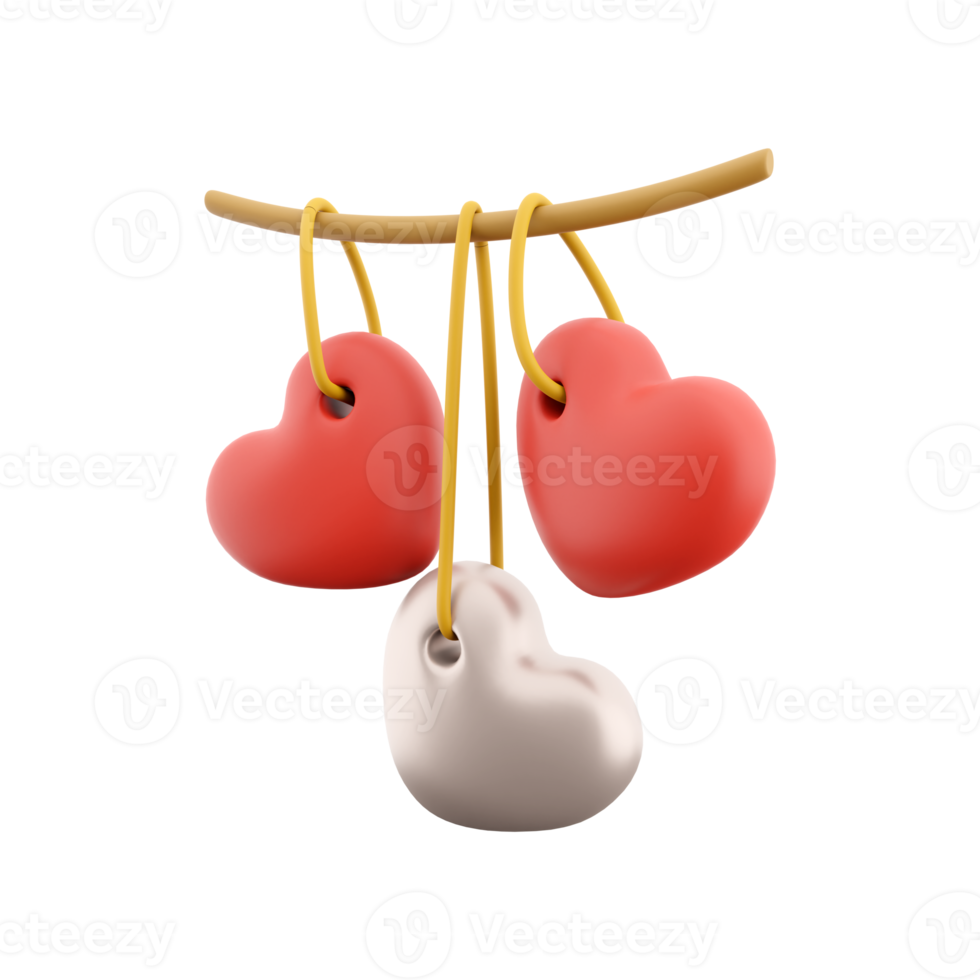 3d rendering reds and white hearts hanging icon. 3d render icon hearts. Reds and white hearts hanging icon. png