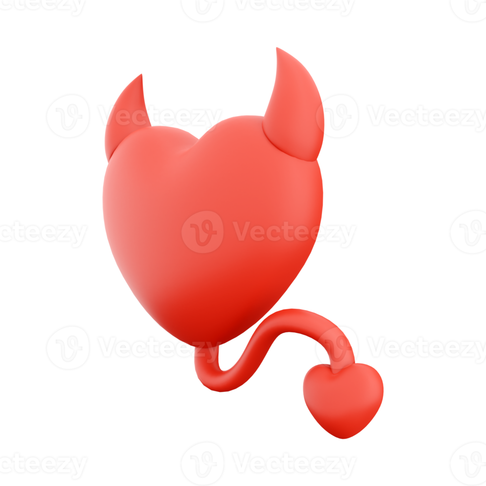 3d rendering devil heart icon concept red shiny with horns tail. 3d render Valentine's Day element icon. Devil heart icon concept red shiny with horns tail. png