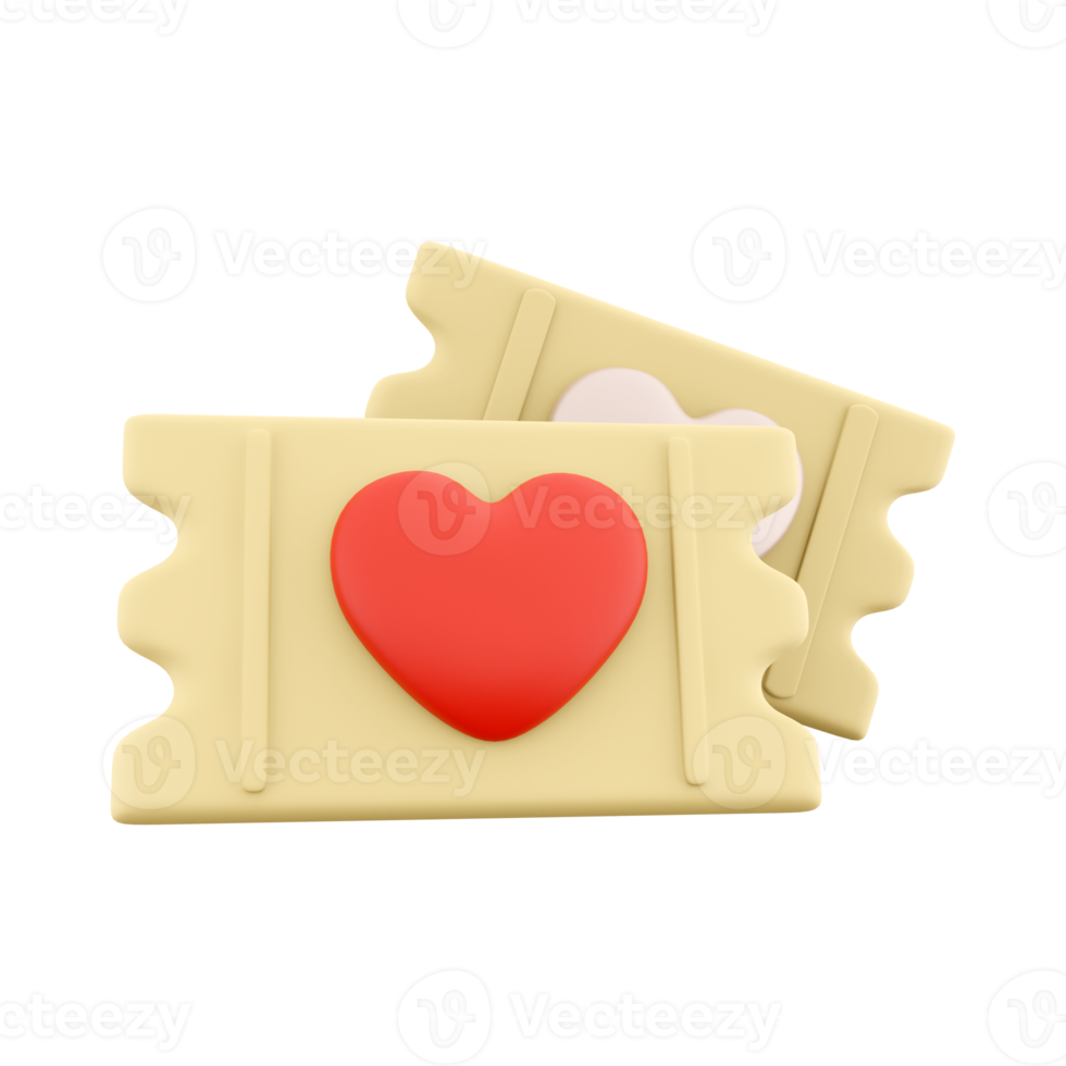 3d rendering love ticket icon. 3d render heart shape on yellow ticket icon. Love ticket. png