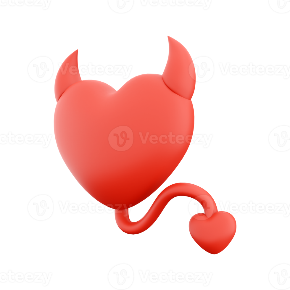 3d rendering devil heart icon concept red shiny with horns tail. 3d render Valentine's Day element icon. Devil heart icon concept red shiny with horns tail. png