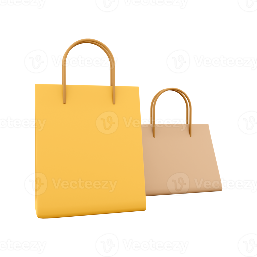 3D rendering two leather bag icon. 3d render two yellow pockets different size icon. Two leather bag. png