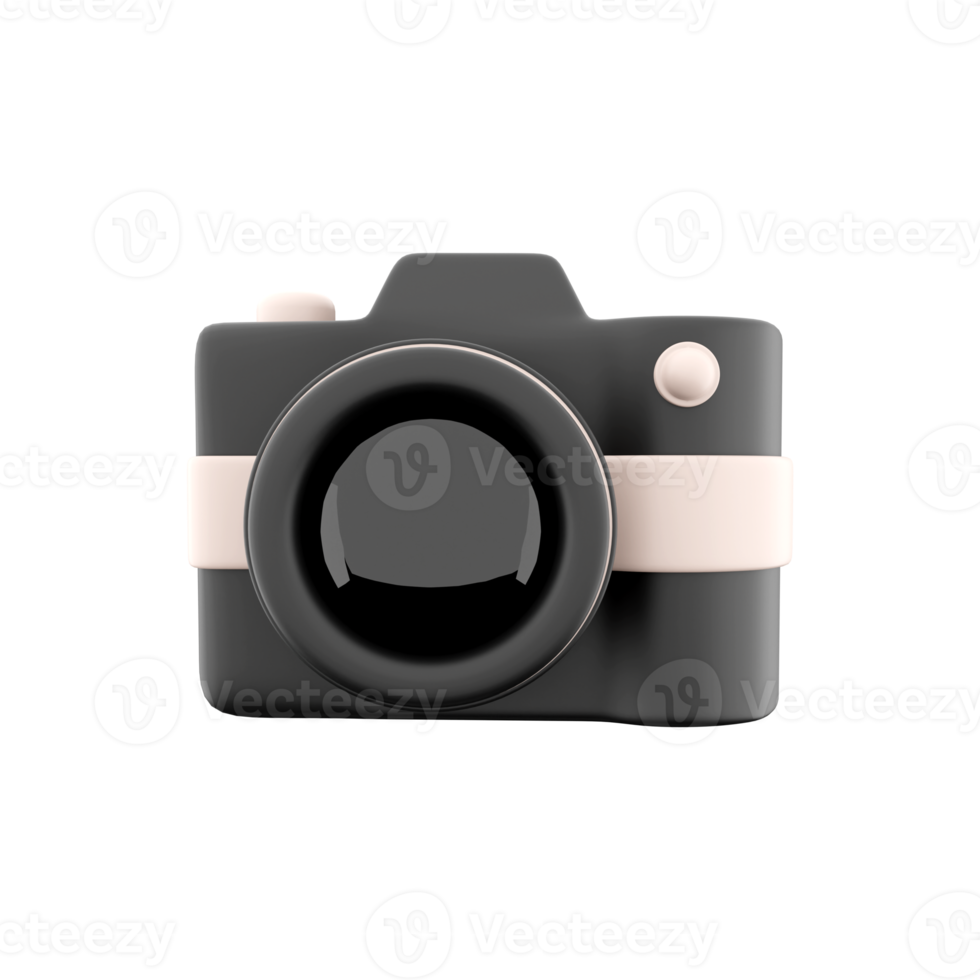 3d rendering photocamera with lens and button icon. 3d render black camera with botton icon. Photocamera with lens and button. png