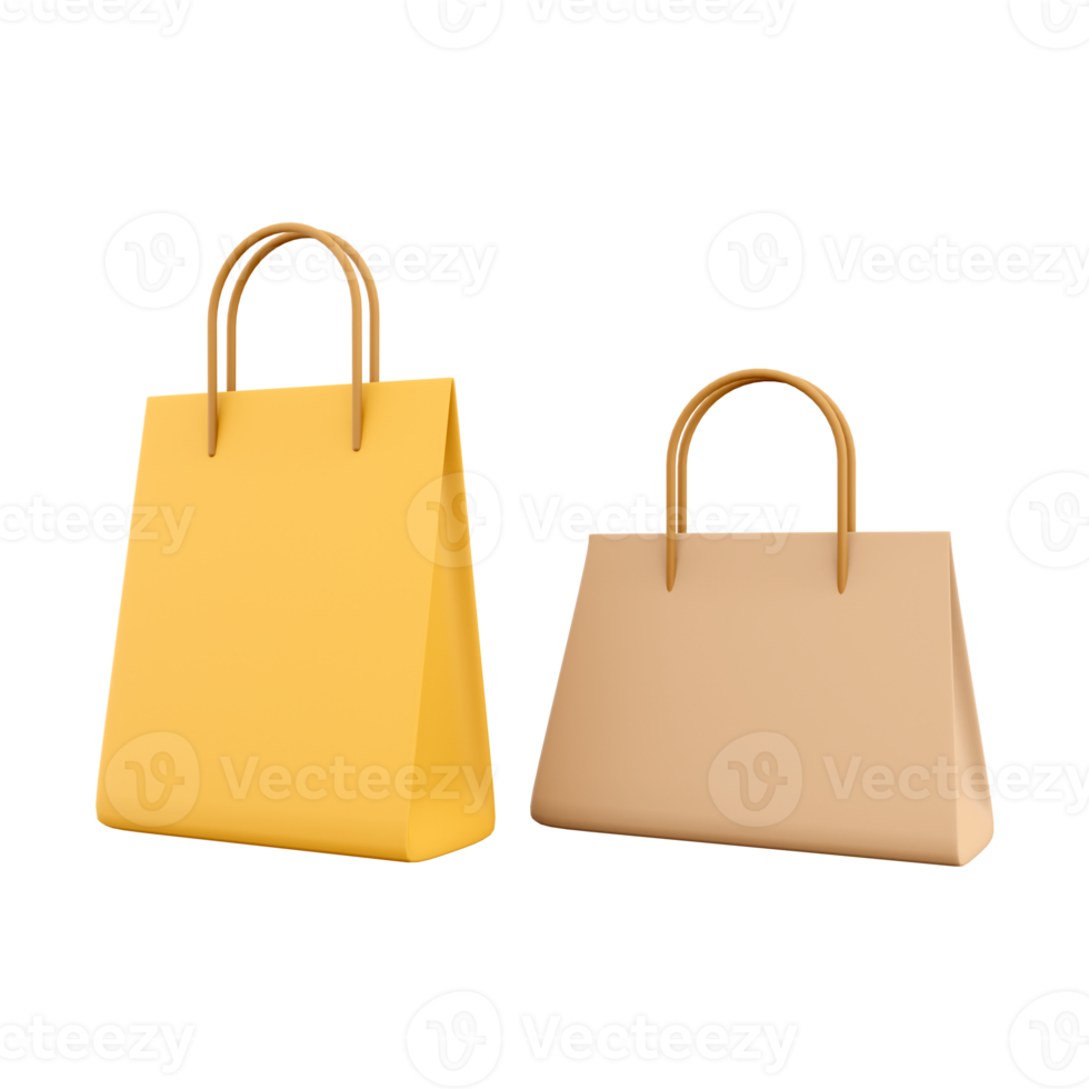 3D rendering two leather bag icon. 3d render two yellow pockets different size icon. Two leather bag. png