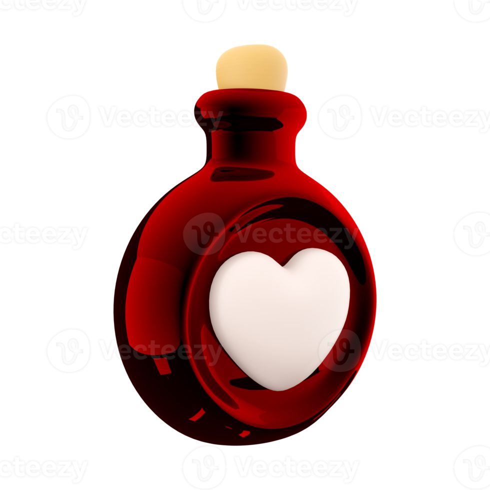 3d rendering red bottle with love potion icon. Valentines day symbol. 3d render bottle with heart icon. Red bottle with love potion. png