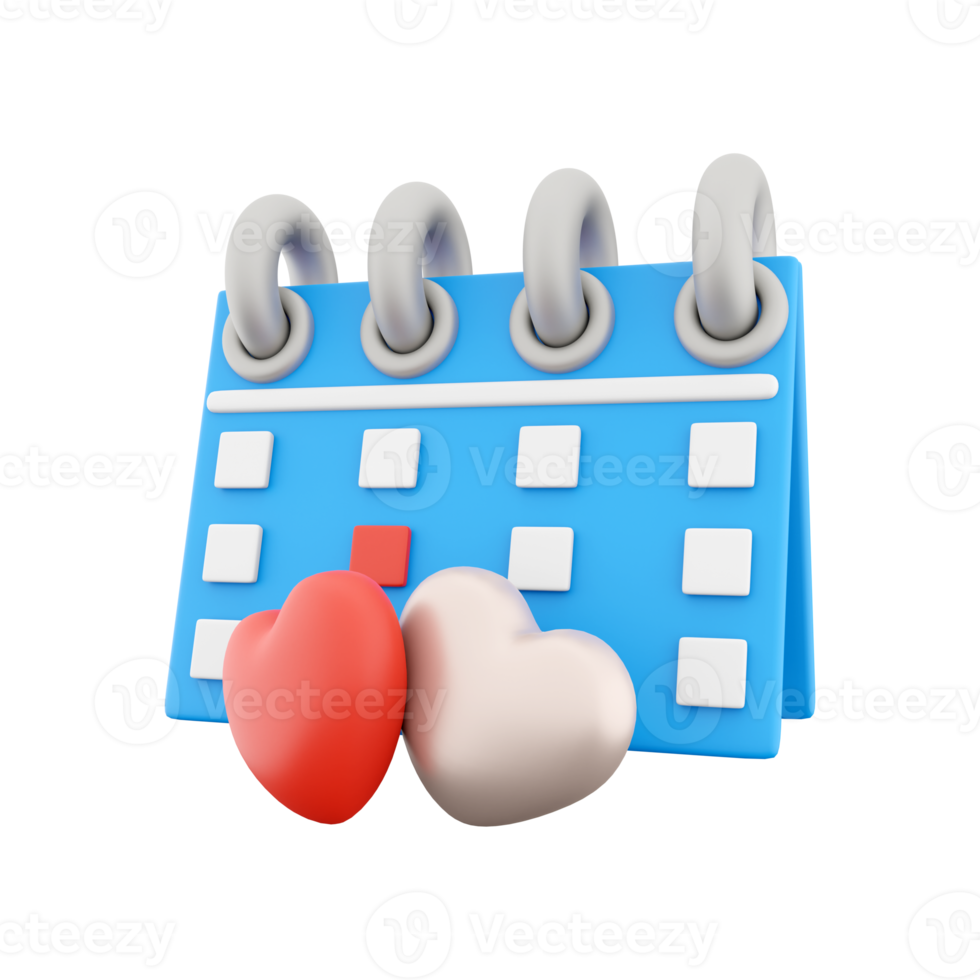 3d render Valentines day Calendar icon. Minimal concept. 3d rendering calendar and two hearts icon. Valentines day Calendar. png