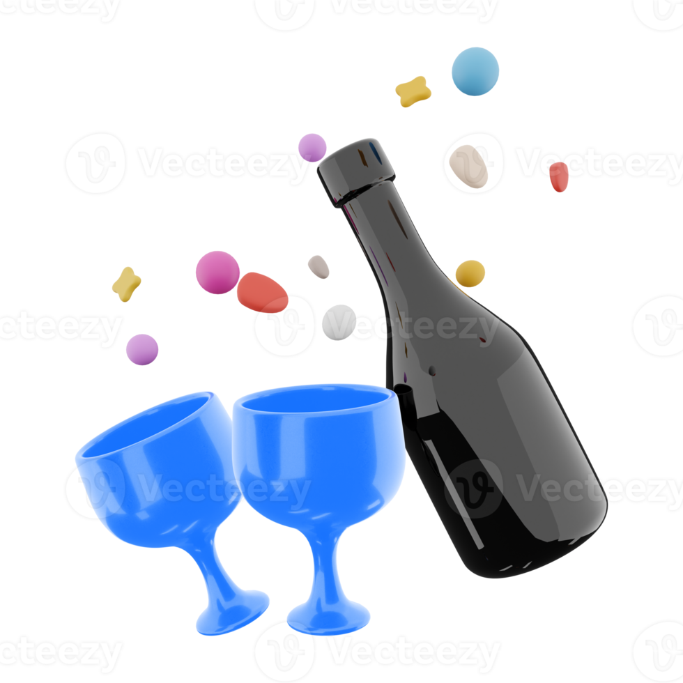 3d rendering glasses and wine with hearts around icon. 3d render valentine day symbol icon. Glasses and wine with hearts around. png