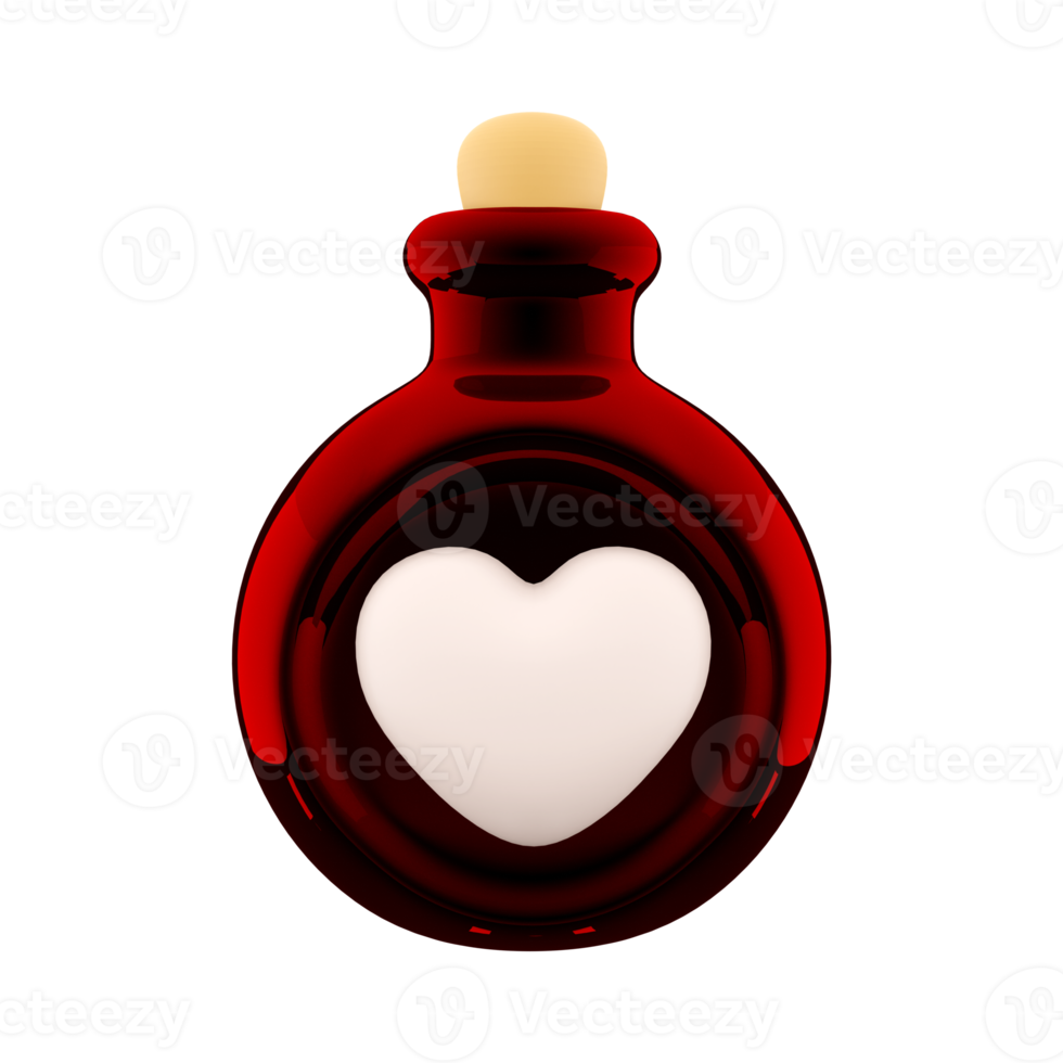 3d rendering red bottle with love potion icon. Valentines day symbol. 3d render bottle with heart icon. Red bottle with love potion. png