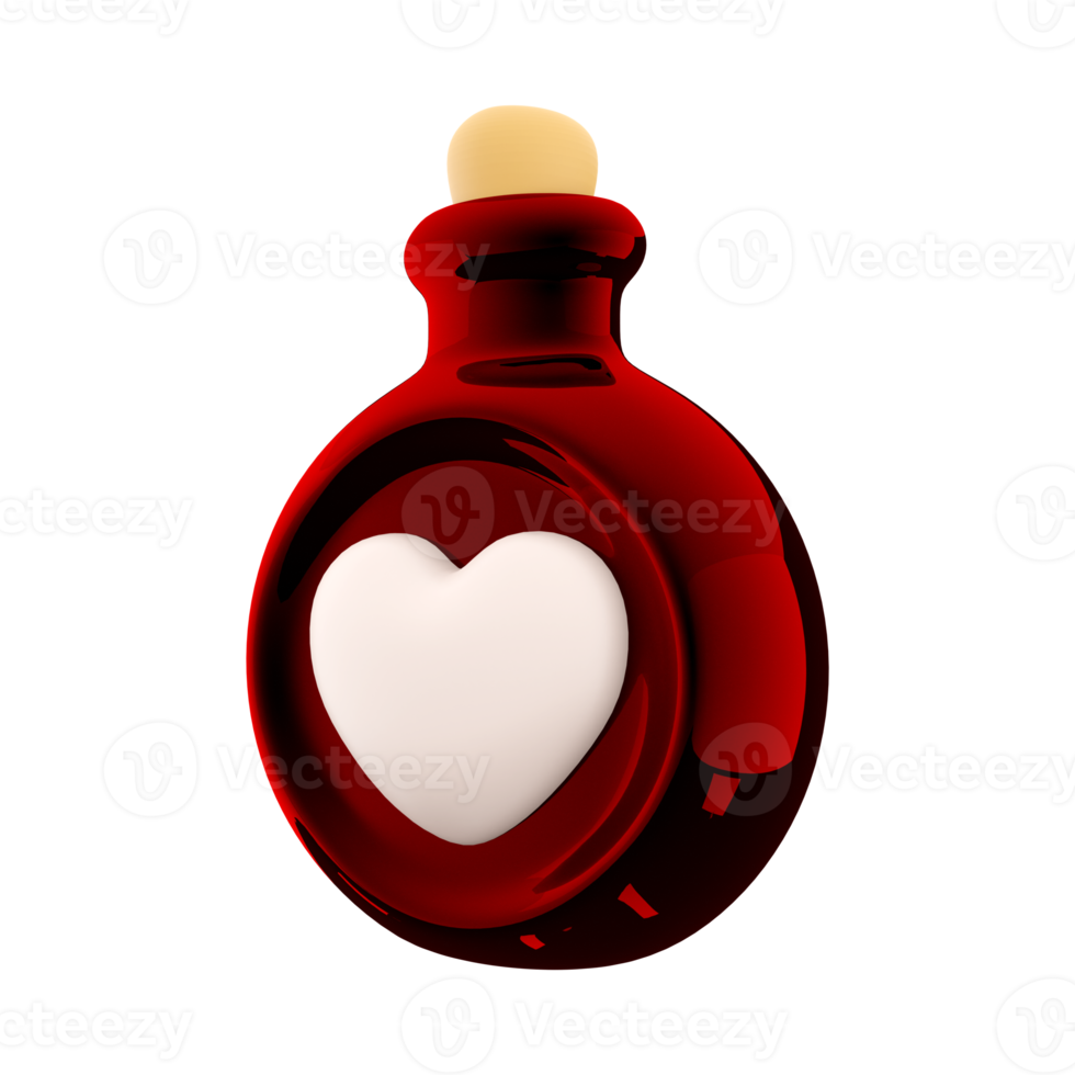 3d rendering red bottle with love potion icon. Valentines day symbol. 3d render bottle with heart icon. Red bottle with love potion. png