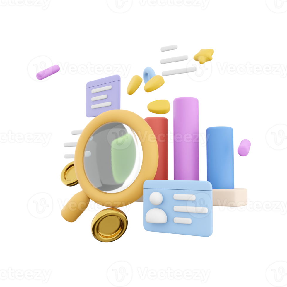 3d rendering marketing research with chart and a magnifying glass icon. 3d render magnifying glass documents chart icon. Marketing research with chart and a magnifying glass. png