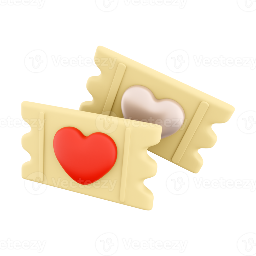 3d rendering love ticket icon. 3d render heart shape on yellow ticket icon. Love ticket. png