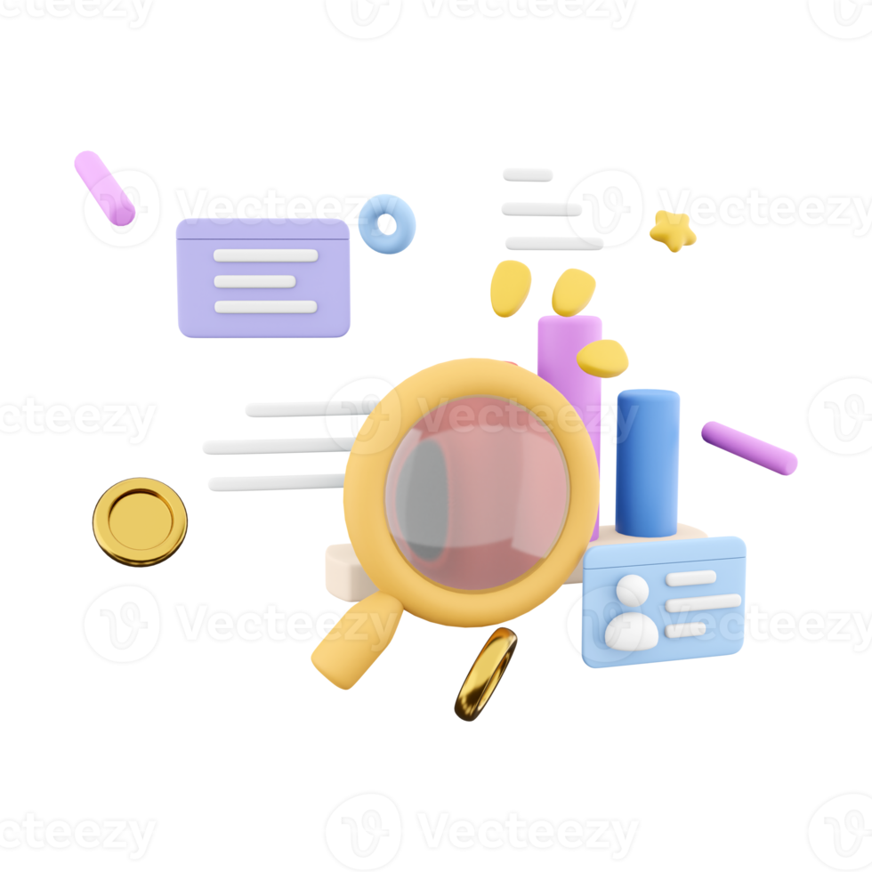 3d rendering marketing research with chart and a magnifying glass icon. 3d render magnifying glass documents chart icon. Marketing research with chart and a magnifying glass. png