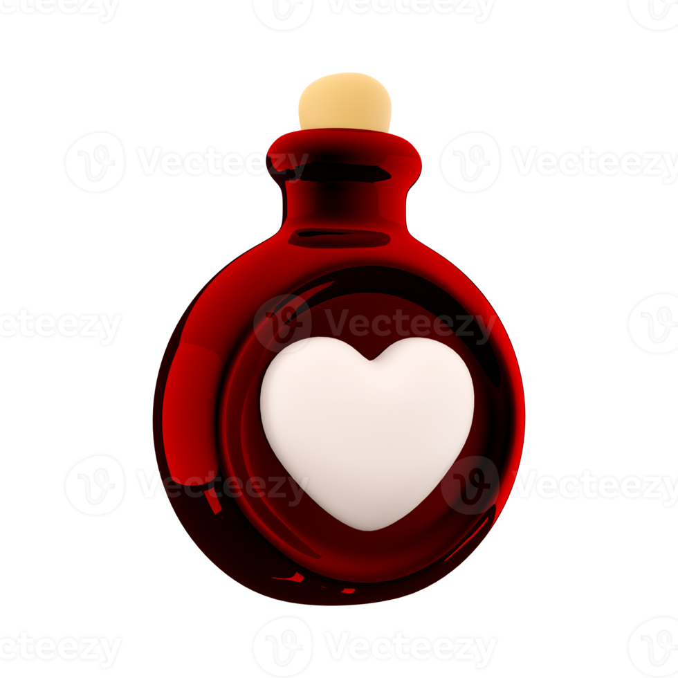 3d rendering red bottle with love potion icon. Valentines day symbol. 3d render bottle with heart icon. Red bottle with love potion. png