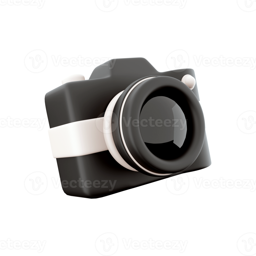 3d rendering photocamera with lens and button icon. 3d render black camera with botton icon. Photocamera with lens and button. png