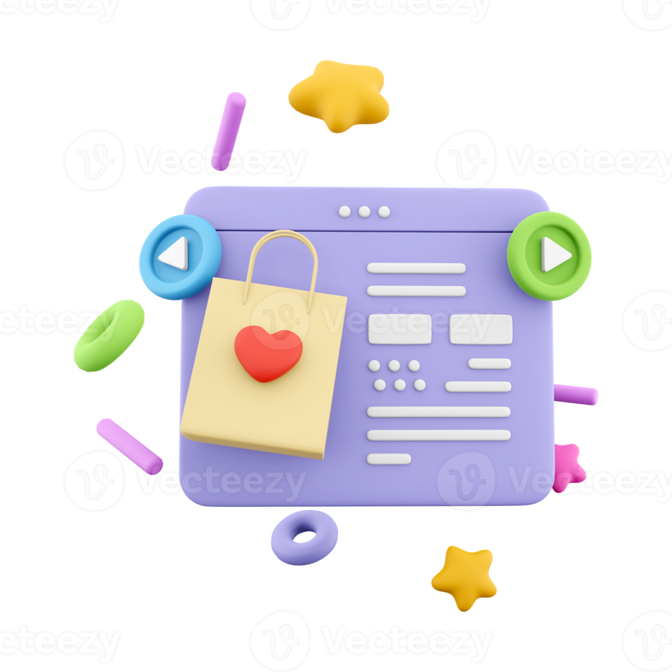 3d rendering website for online shopping icon. 3d render love holiday celebration red heart shopping bag icon. Website for online shopping. png