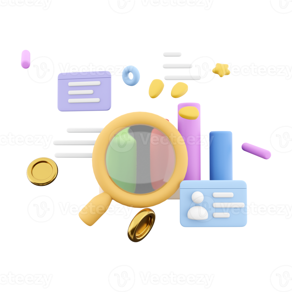 3d representación márketing investigación con gráfico y un aumentador vaso icono. 3d hacer aumentador vaso documentos gráfico icono. márketing investigación con gráfico y un aumentador vaso. png