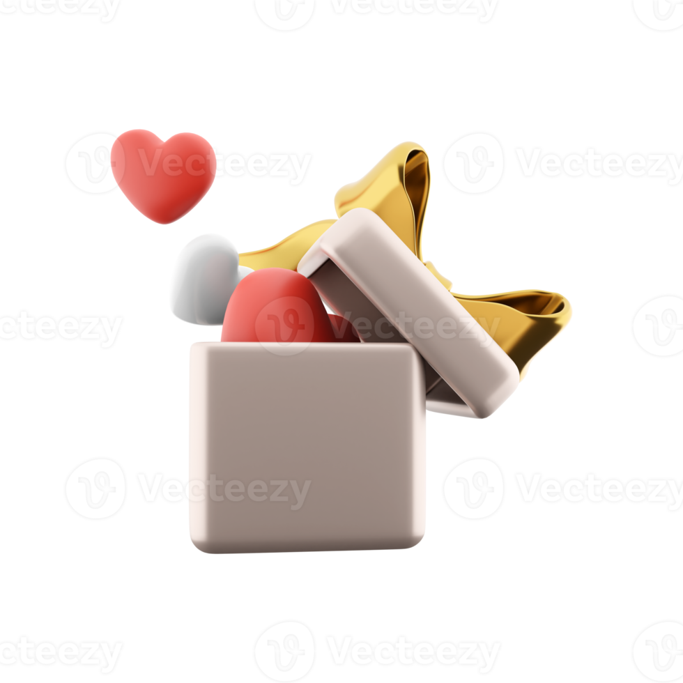 3d rendering icon of gift box with hearts. 3d render icon gift box red and white hearts. Gift box with hearts. png