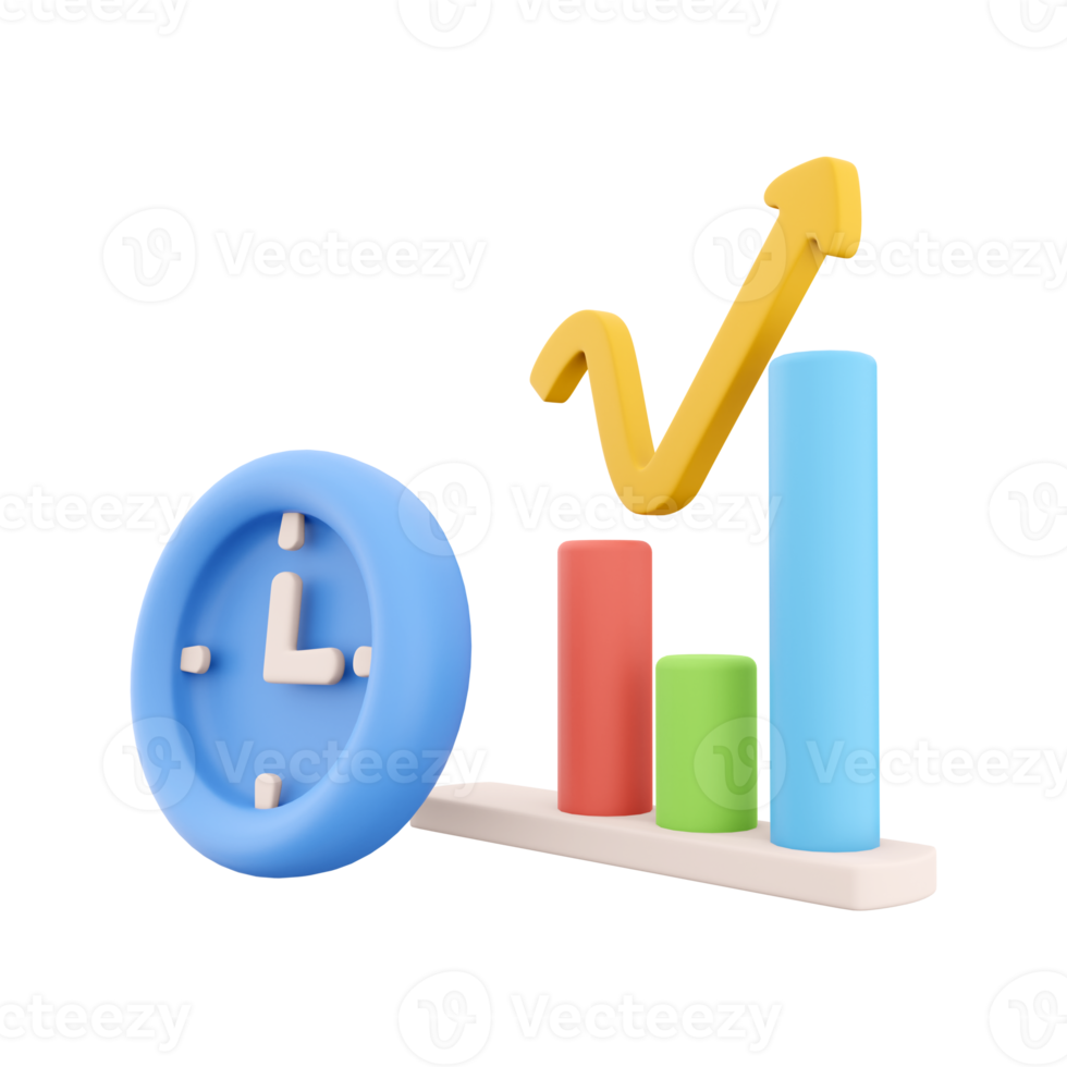 3D rendering clock and color graphs pointing up icon. 3d render chart and oclock, timer icon on white background. Clock and color graphs pointing up. png