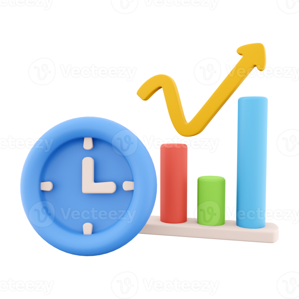 3D rendering clock and color graphs pointing up icon. 3d render chart and oclock, timer icon on white background. Clock and color graphs pointing up. png