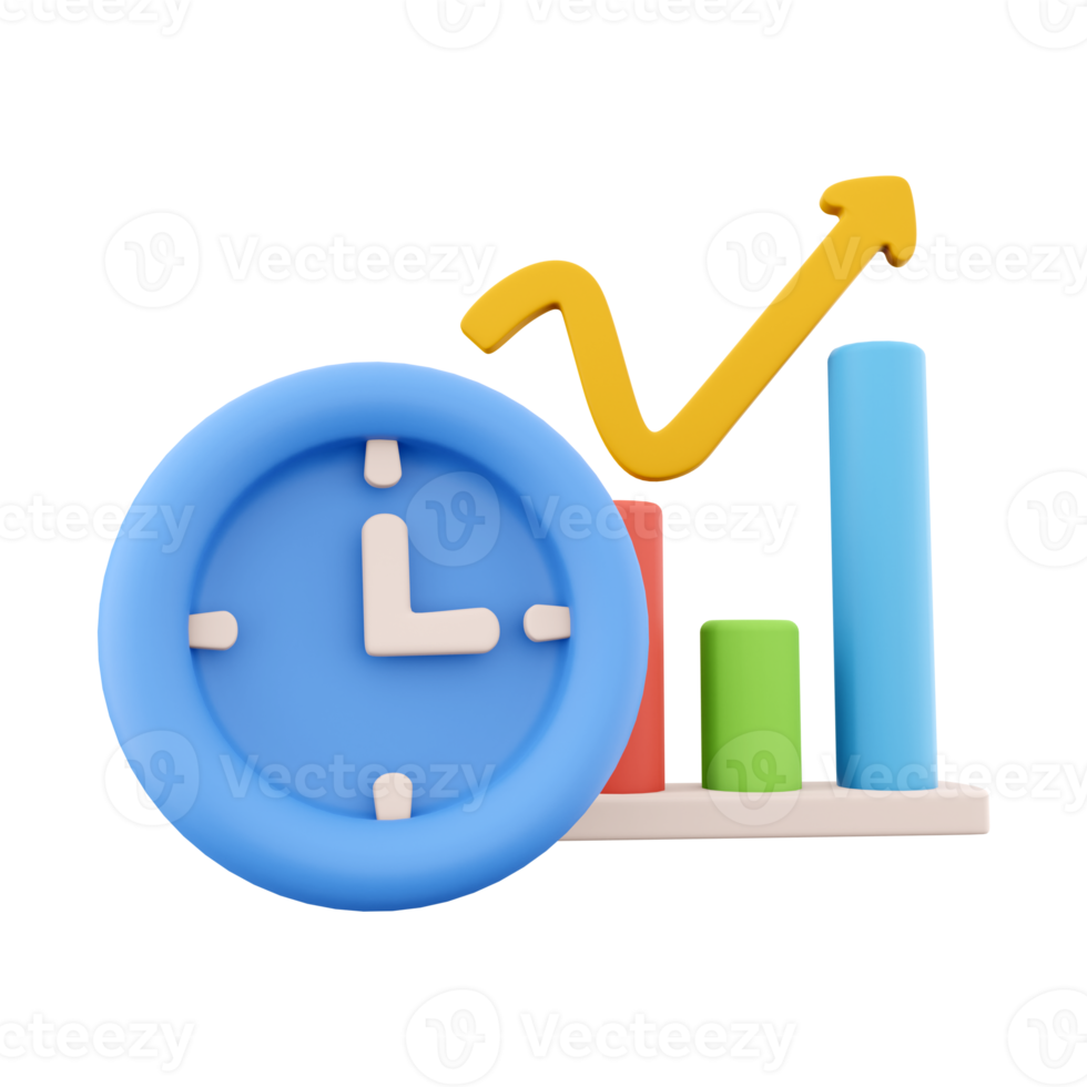 3D rendering clock and color graphs pointing up icon. 3d render chart and oclock, timer icon on white background. Clock and color graphs pointing up. png