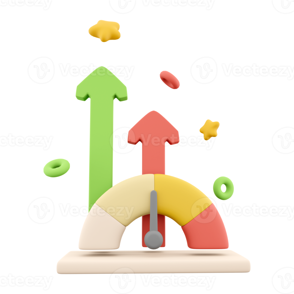 3d rendering arrows grow up speedometer icon. 3d render fast arrows grow up speedometer icon. Arrows grow up measured by spedometer. png