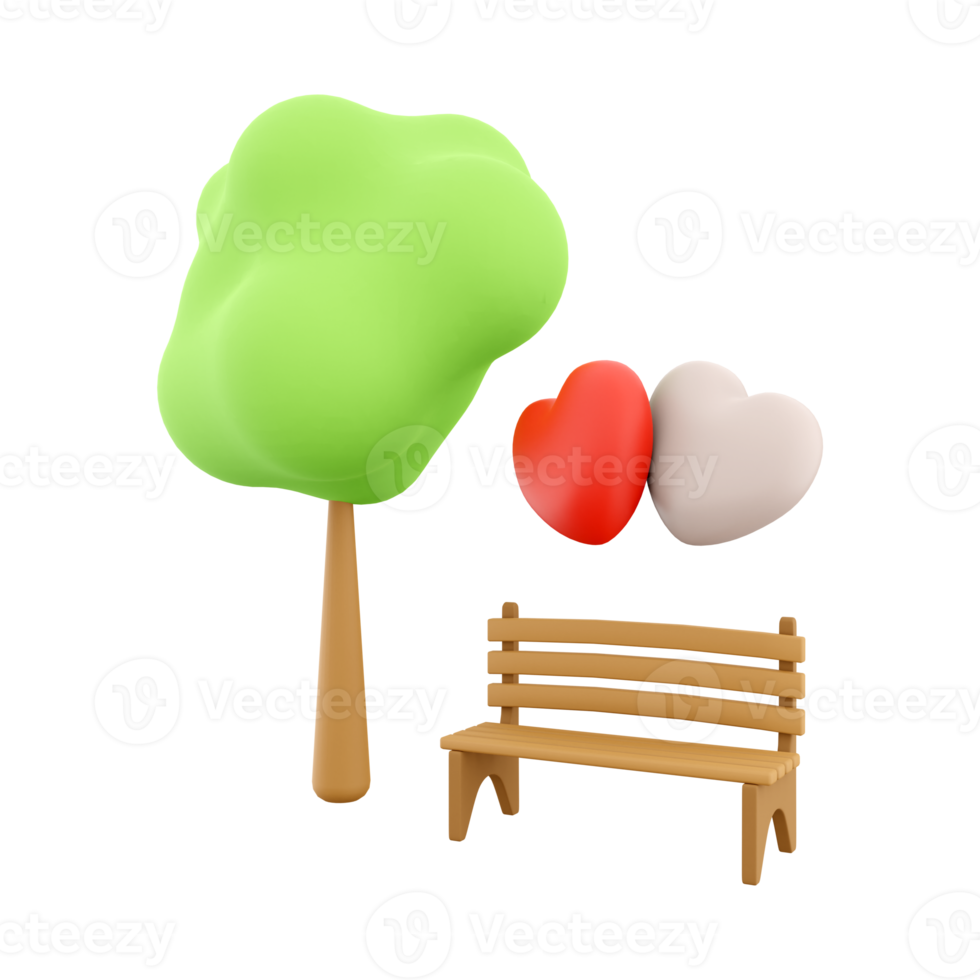 3d rendering icon two loving hearts on a bench near a tree. 3d render Valentine's Day icon. Two loving hearts on a bench near a tree. png