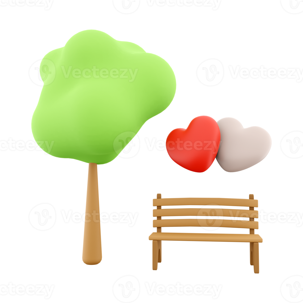 3d rendering icon two loving hearts on a bench near a tree. 3d render Valentine's Day icon. Two loving hearts on a bench near a tree. png